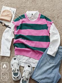 Manfinity Hypemode Men Striped Crew Neck Casual Loose Knitted Sweater Vest, Autumn&Winter