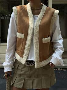 SHEIN EZwear Brown Casual Fluffy & Leather Sleeveless Vest With Pockets - Brown - View 4