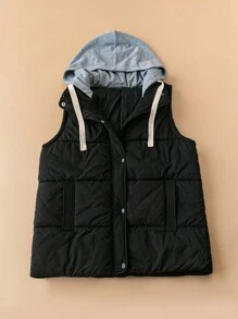 SHEIN LUNE Plus Size Plain Color Splicing Front Button Sleeveless Pocket Simple Hooded Casual Top Jacket Coat For Winter Clothes - Black - View 1