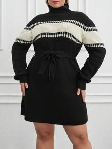 EURMUSE Plus Relaxed Fit Colorblock Detailed Knit Designed Sweater Short Dress - Black and White - View 4