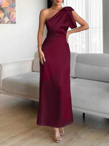EURMUSE Chimpagne Color Tie Detail Satin Dress - Burgundy - View 3