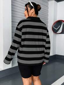 Flirla Plus Size Contrast Striped Polo Neck Long Sleeve T-Shirt Graphic Tees Women Tops For Spring Fall For Women - Multicolor - View 2