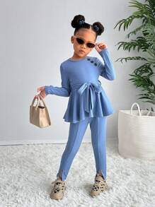 2 piezas Conjunto casual de top de cuello redondo y pantalones entallados de punto sólido para niñas jóvenes - Azul - Ver 1