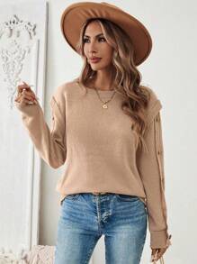 SHEIN LUNE Casual Solid Color 2 In 1 Sweater, Autumn, Knit Pullover Fall Winter - Khaki - View 3