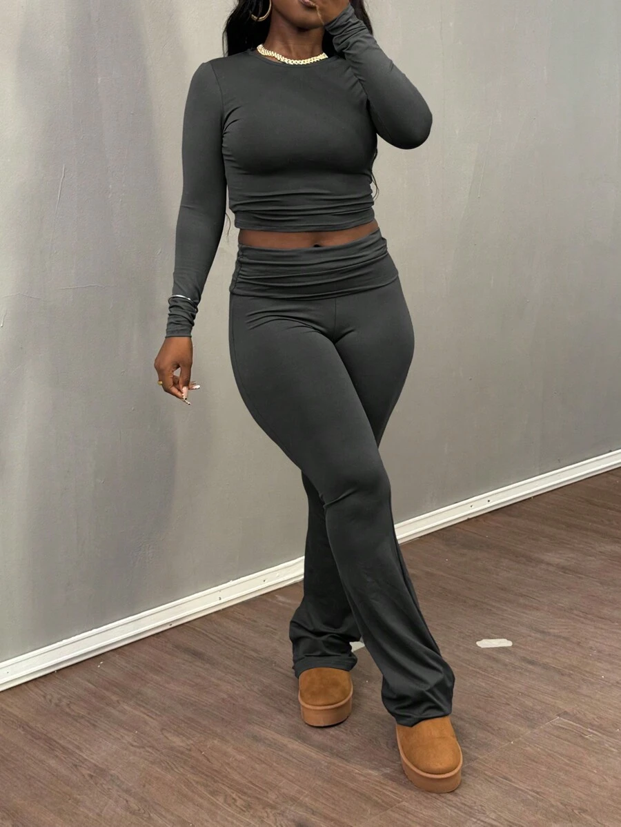 Solid Color Pleated Crew Neck Long Sleeve Top And Long Pants Two-Piece Casual Versatile Set - Màu xám đen - Xem 1
