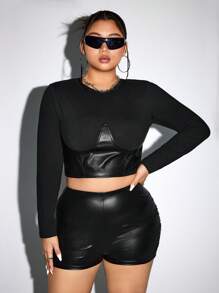 SHEIN ICON Plus Size Women PU Panel Fitted Crop Tee - Black - View 6