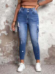 SHEIN SXY Plus Size Women Casual Utility Pocket Distressed Skinny Jeans
