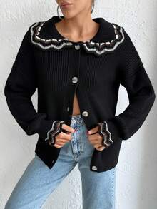 EURMUSE Woman Collar Detailed Ruffled Regular Fit Casual Style Winter Cardigan - Black - View 5