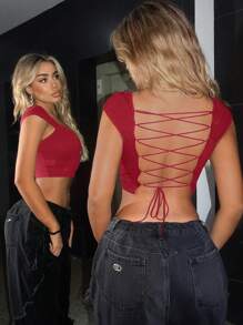 SHEIN ICON 女士性感镂空心形领短袖 T 恤，夏季 - 酒紅色 - 查看 2