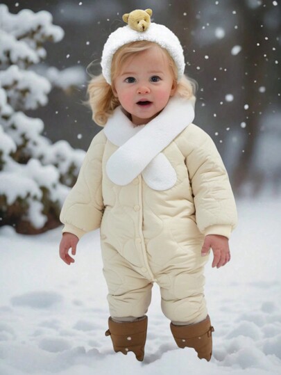 SHEIN Newborn Baby Girl Cute Thickened Fleece Hooded Jumpsuit With Scarf Set, Autumn/Winter
