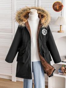 Tween Girls Hooded Fluffy Trim Casual Printed Cinched Waist Pockets Padded Windproof Jacket, Winter