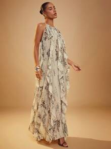 Hauture Women's Snake Print Layered Ruffle Hem Maxi Halter Neck Dress - Apricot - View 3