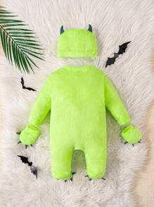 Baby Boy Luminous Cartoon Monster Eye Embroidery Pattern Long Sleeve Jumpsuit With Hat And Gloves, Casual Home Outfit
