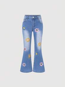SHEIN Tween Girls' Cute And Playful Flower Pattern Jeans - Medium Wash - View 1