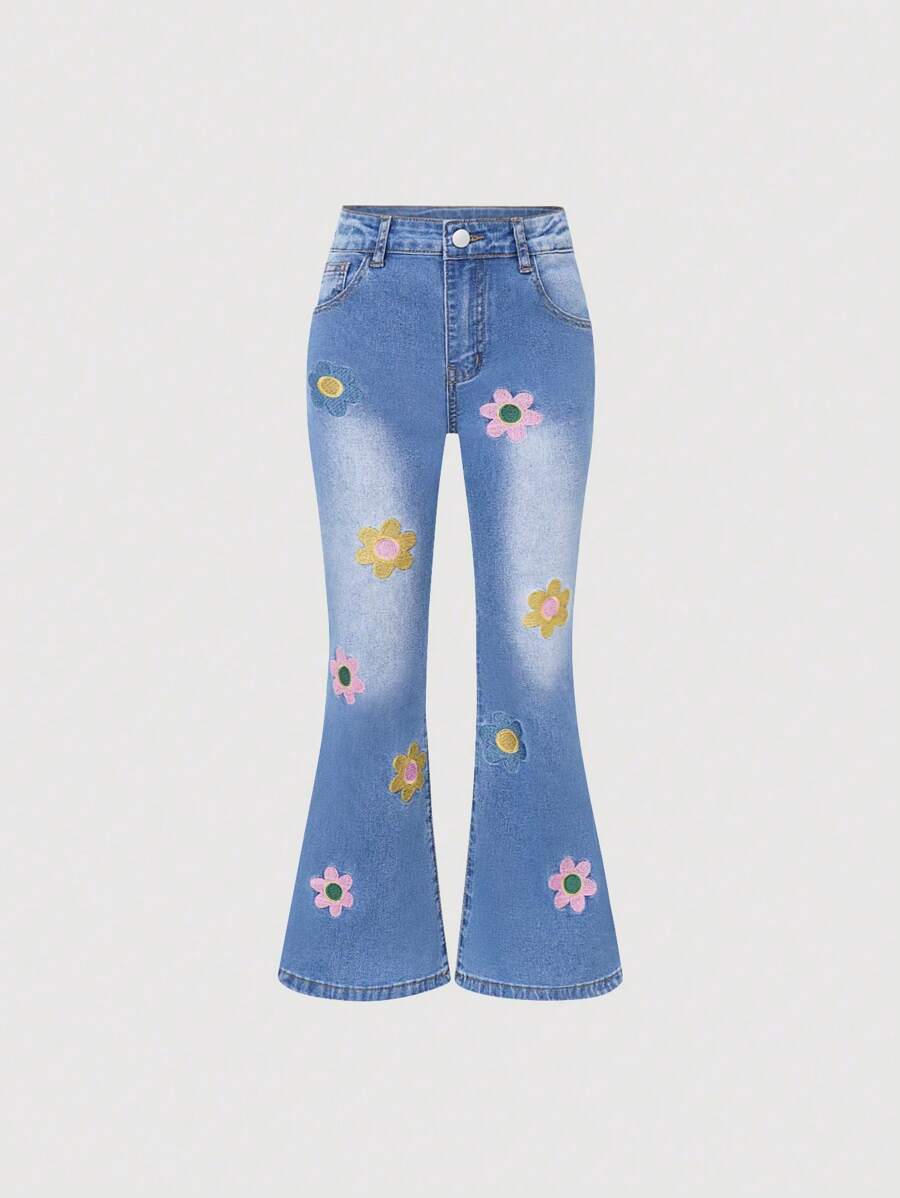 SHEIN Tween Girls' Cute And Playful Flower Pattern Jeans - Medium Wash - View 1