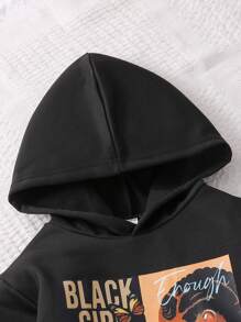 SHEIN Explorewe 2pcs/Set Tween Girl Letter Print Hoodie And Pants Set, Autumn/Winter, School, Campus, College - Black - View 7