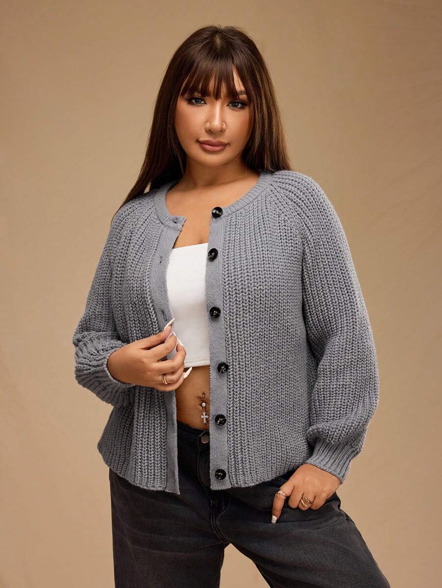 Forever 21 Plus Size Women's Raglan Sleeve Knit Cardigan, Autumn & Winter - Grey - View 1
