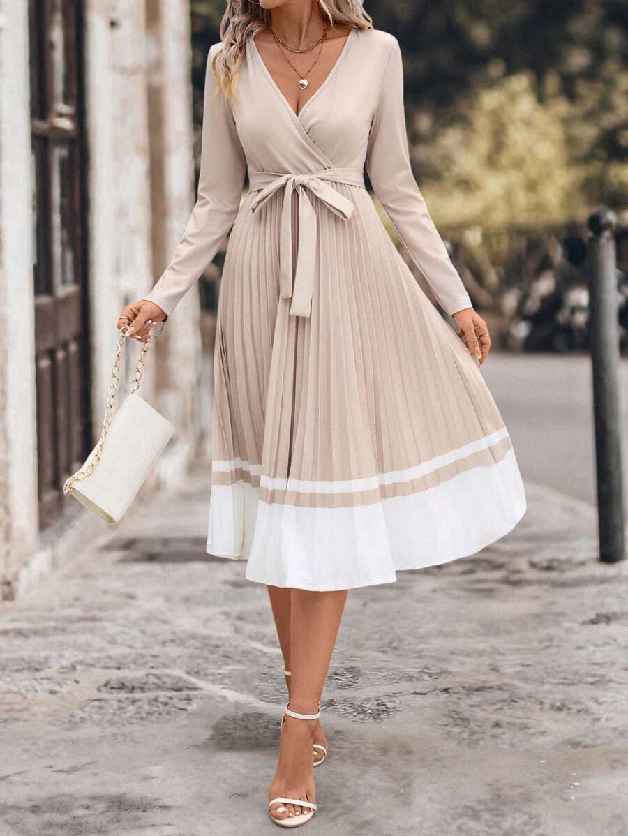 SHEIN Clasi Women's Elegant Fitted Knit V-Neck Contrast Color Pleated Hem Dress Maxi Women Outfit - Apricot - View 1