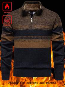 Manfinity Homme Suéter grueso de manga larga con bloque de color y gráfico vintage de rayas, forro térmico, para otoño/invierno, trabajo, esposo.