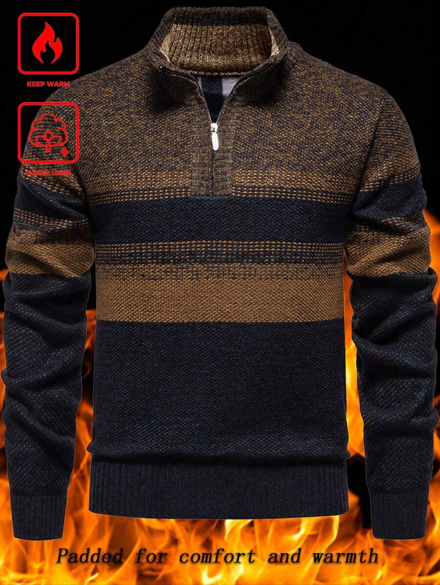 Manfinity Homme Suéter grueso de manga larga con bloque de color y gráfico vintage de rayas, forro térmico, para otoño/invierno, trabajo, esposo.