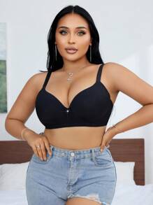 1 件简约纯色钢圈支撑文胸，带双纽扣闭合，加大码，适合女士 - 黑色 - 查看 5