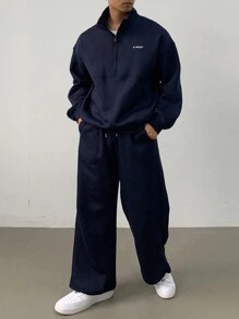 DAZY Men's Letter Graphic Zipper Front Minimalist Sweatshirt And Pants Casual Set Autumn - Navy Blue - View 7
