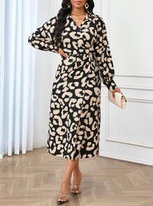 SHEIN Lady 女式办公室连衣裙 全身印花 交叉裹身 系腰 长袖 中长连衣裙 - 彩色 - 查看 3