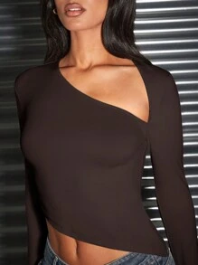 SHEIN BAE تيشيرت سيدات بجسم ضيق ذو نهاية غير متناظرة باللون العاري - قهوة بني - مشاهدة 6