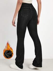 SHEIN EZwear 女式喇叭牛仔裤，带口袋，休闲百搭，保暖内衬加厚牛仔布 - 黑色 - 查看 2