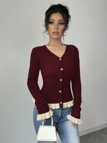 Elenzga Gerimpelde rand, contrasterende kleur gebreide cardigan, tops met lange mouwen