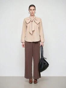 SHEIN LUNE Áo sơ mi nữ thời trang thanh lịch dài tay cổ đứng thắt nơ cổ trơn màu - Màu be - Xem 1