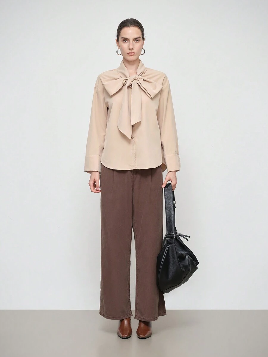 SHEIN LUNE Áo sơ mi nữ thời trang thanh lịch dài tay cổ đứng thắt nơ cổ trơn màu - Màu be - Xem 1