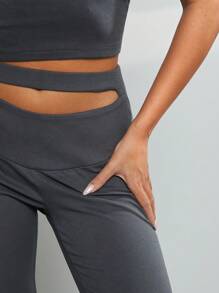 Hauture Fall Outfit Soft Brushed Jersey Cut Out Flare Leg Pants - Grey - View 5