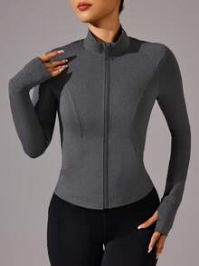 Easithlete 纯色前拉链长袖简约运动夹克，休闲日常穿着 - 深灰色 - 查看 7