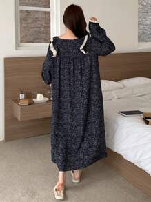 DAZY Sweet Floral Ruffle Trim Patchwork Nightgown Pajama, Moo Moo, For Fall, Winter - Navy Blue - View 2