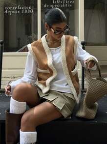 SHEIN EZwear Brown Casual Fluffy & Leather Sleeveless Vest With Pockets - Brown - View 3