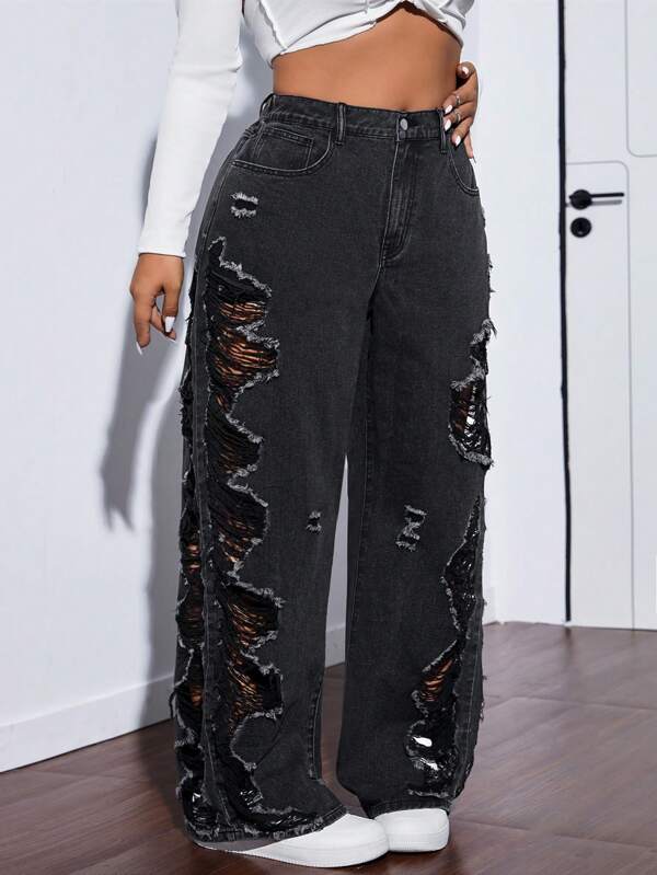SHEIN ICON Plus Size Fashionable Washed Distressed Wide Leg Boyfriend Jeans