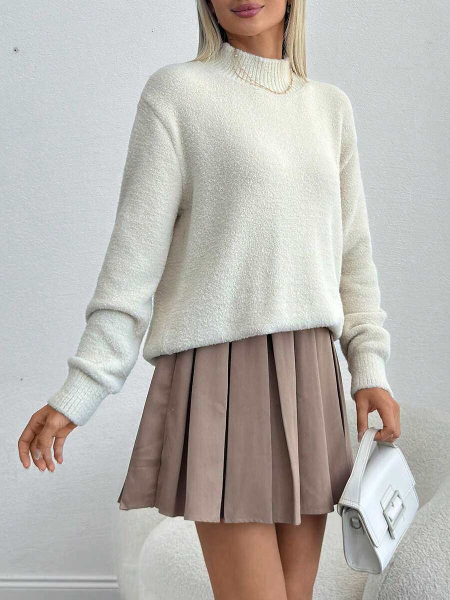 Women Hairy Yarn High Neck Drop Shoulder Loose Fit Sweater Pullover