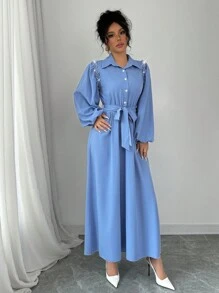 Rafferiza Vestido estilo francés de manga farol con cuello de camisa, con volantes y adorno de strass, vestido largo para mujer - Azul - Ver 3