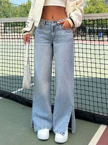 EURMUSE WOMEN WIDE LEG LOW WAIST JEANS - Medium Wash - View 5