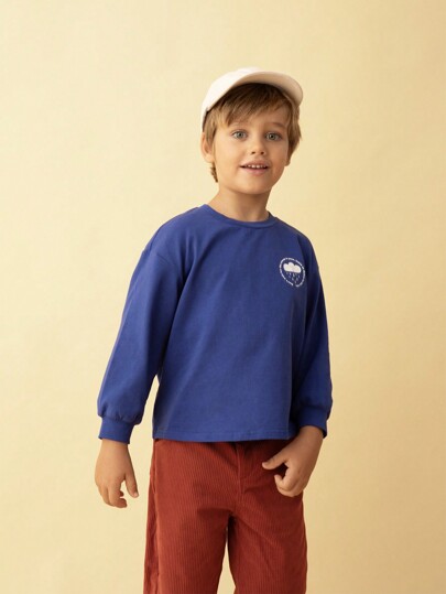 SHEIN Camiseta de manga larga básica y casual de corte holgado con estampado de nubes para niños pequeños, adecuada para otoño e invierno