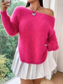 Flirla Plus Size Pink Thick Warm Soft Fluffy Pullover Sweater Knit Pullover Fall Winter - Hot Pink - View 3