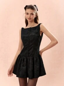 Enchnt Đầm mini thanh lịch không tay họa tiết hoa jacquard cỡ lớn cho nữ - màu đen - Xem 7