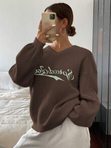 DAZY Suéter holgado de tejido jacquard con cuello en V y letra para mujer