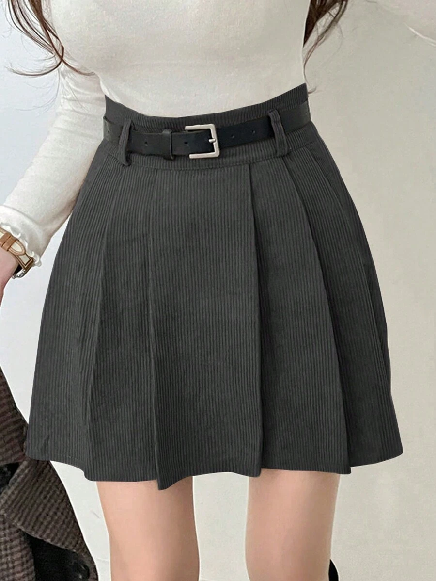 DAZY Rok A-Line Lipit Korduroi Warna Polos untuk Wanita, Musim Semi/Panas untuk Sekolah - Grey - View 1