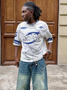 AXEPEAK Maglietta a maniche corte casual da uomo stile ampio, stile maglina, con stampa a lettere, ispirata allo streetwear estivo per la scuola