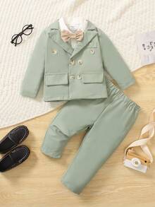 SHEIN Bộ 2 món thời trang kiểu Anh cổ điển cho bé trai, áo khoác và quần dài tay kèm nơ, trang phục lịch lãm, được làm từ chất liệu mềm mại cao cấp, thích hợp mặc hàng ngày, dự tiệc sinh nhật hoặc lễ cưới. - màu xanh lá - Xem 8
