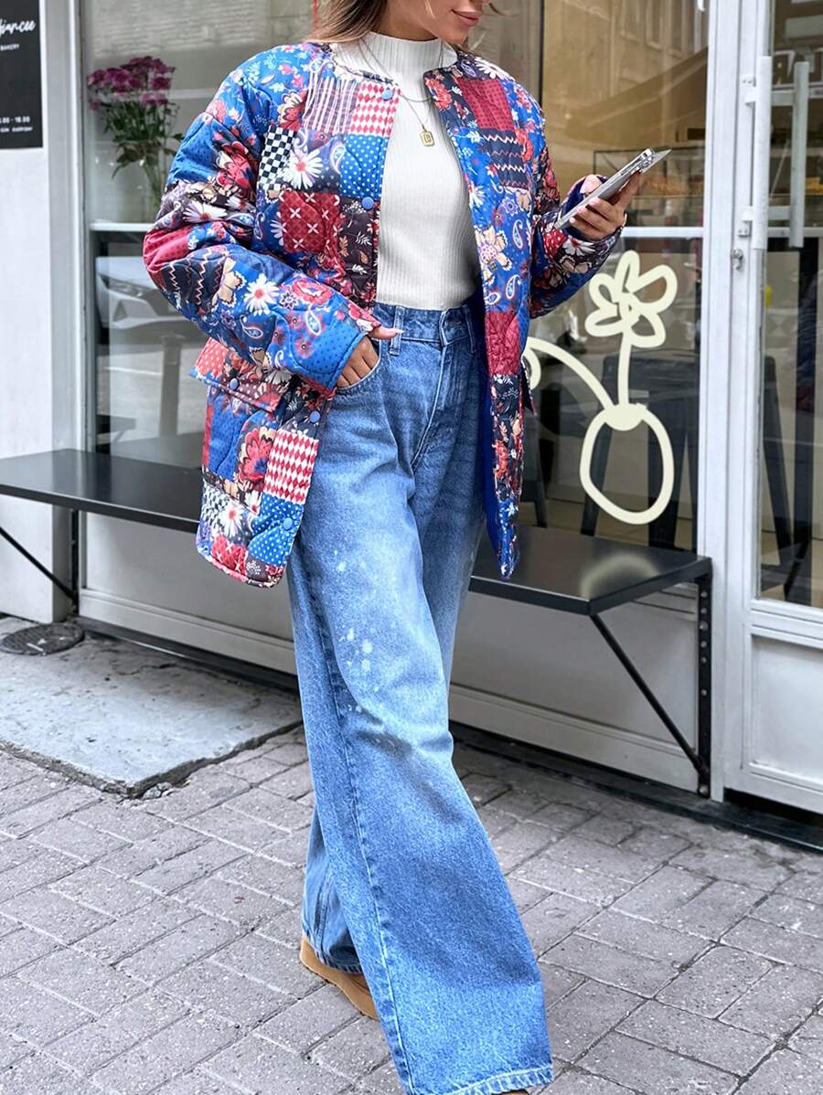 EURMUSE Fashion Patchwork Printed Quilted Puffer Jacket - Multicolor - View 1