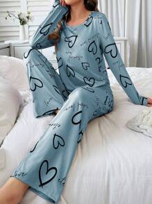 Women Letter & Heart Print Round Neck Long Sleeve Top And Pants Pajama Set, Fall Winter Clothes - Baby Blue - View 5