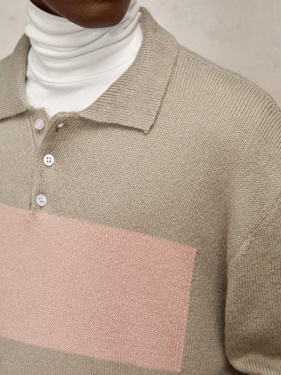 AKNOTIC Business Casual Men's Loose Drop Shoulder Casual V-Neck Long Sleeve Thick Ribbed Half-Zip Polo Sweater Khaki, For Fall Winter - Khaki - View 1